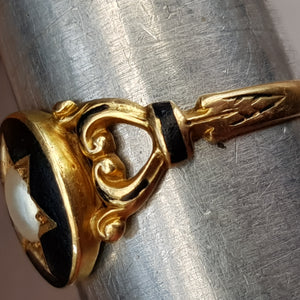18k Gold Black Enamel Pearl Hair Back Mourning Ring Antique Georgian Circa 1820's