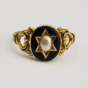 18k Gold Black Enamel Pearl Hair Back Mourning Ring Antique Georgian Circa 1820's