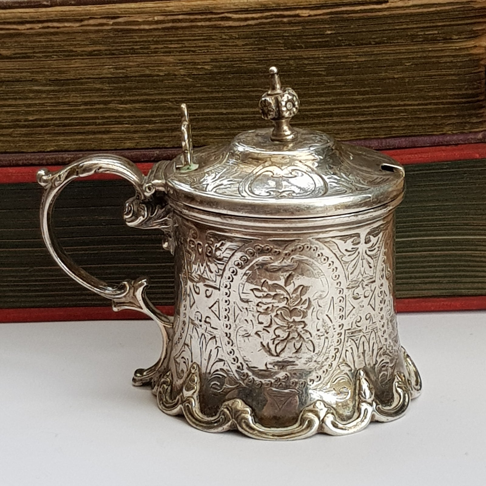 Large Sterling Silver Floral Chased Table Mustard Pot John Evans II Antique Victorian London circa 1860