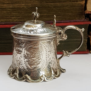 Large Sterling Silver Floral Chased Table Mustard Pot John Evans II Antique Victorian London circa 1860