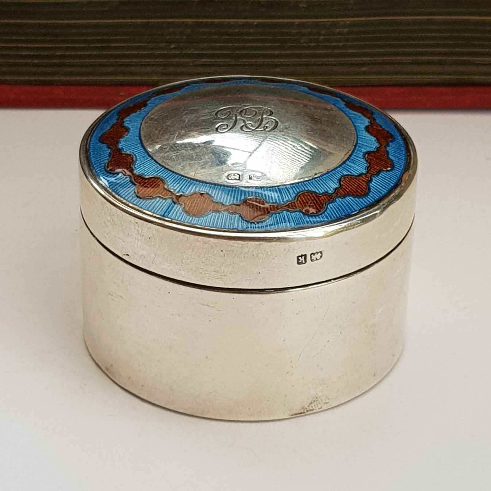 Sterling Silver Blue & Red Guilloche Decorated Drum Trinket Box Antique Birmingham Circa 1909