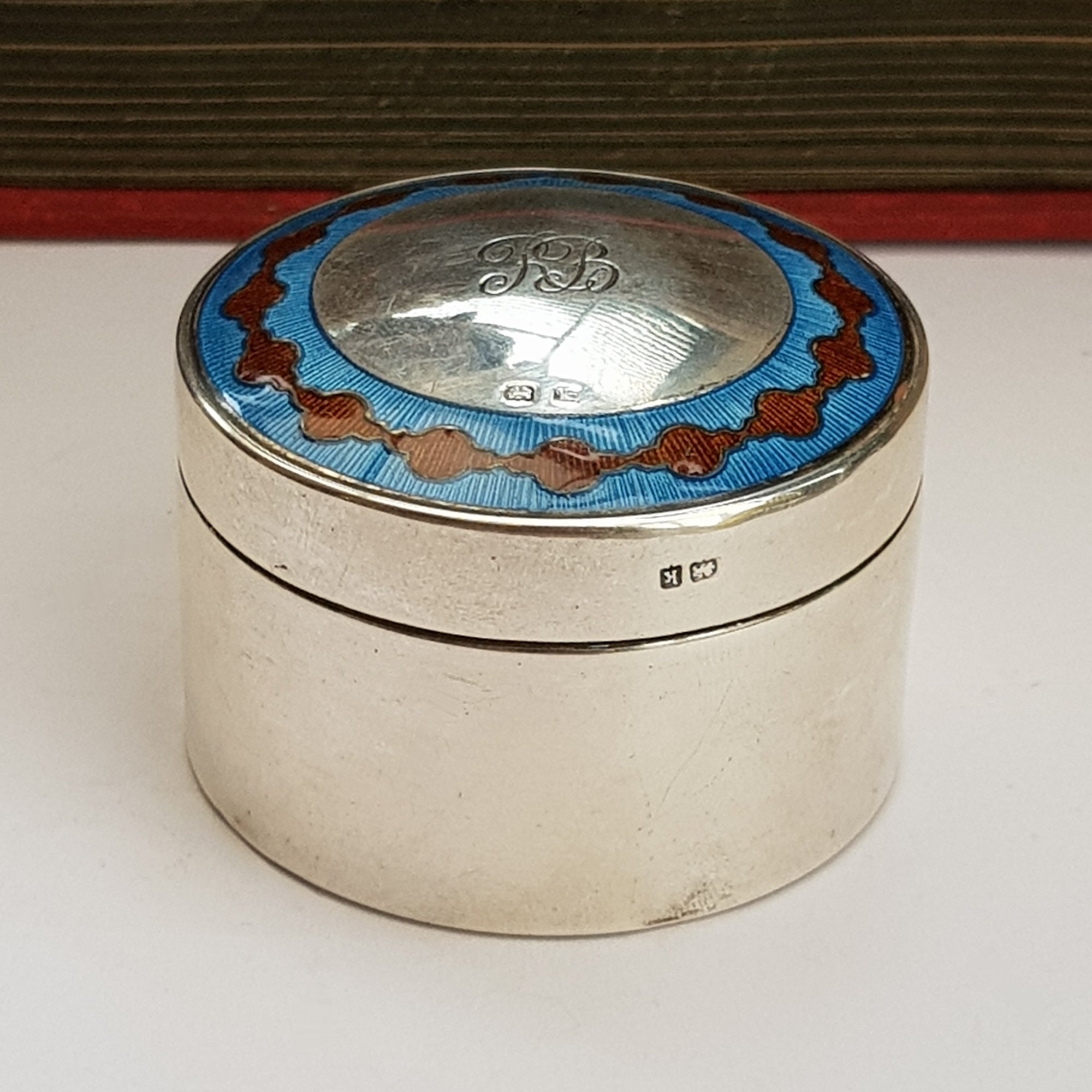 Sterling Silver Blue & Red Guilloche Decorated Drum Trinket Box Antique Birmingham Circa 1909