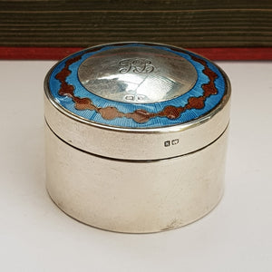 Sterling Silver Blue & Red Guilloche Decorated Drum Trinket Box Antique Birmingham Circa 1909