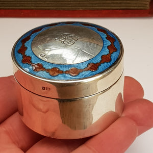 Sterling Silver Blue & Red Guilloche Decorated Drum Trinket Box Antique Birmingham Circa 1909
