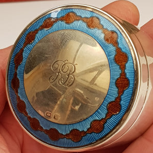 Sterling Silver Blue & Red Guilloche Decorated Drum Trinket Box Antique Birmingham Circa 1909