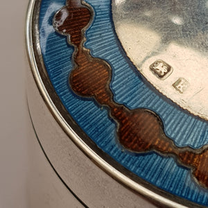 Sterling Silver Blue & Red Guilloche Decorated Drum Trinket Box Antique Birmingham Circa 1909