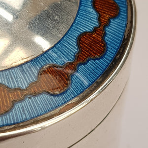 Sterling Silver Blue & Red Guilloche Decorated Drum Trinket Box Antique Birmingham Circa 1909