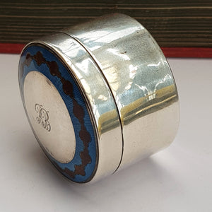 Sterling Silver Blue & Red Guilloche Decorated Drum Trinket Box Antique Birmingham Circa 1909