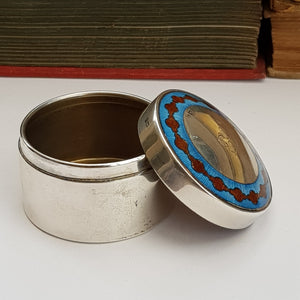 Sterling Silver Blue & Red Guilloche Decorated Drum Trinket Box Antique Birmingham Circa 1909