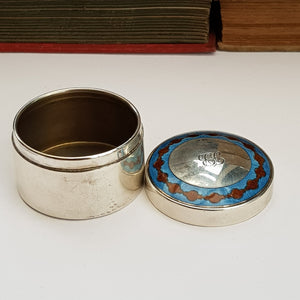 Sterling Silver Blue & Red Guilloche Decorated Drum Trinket Box Antique Birmingham Circa 1909