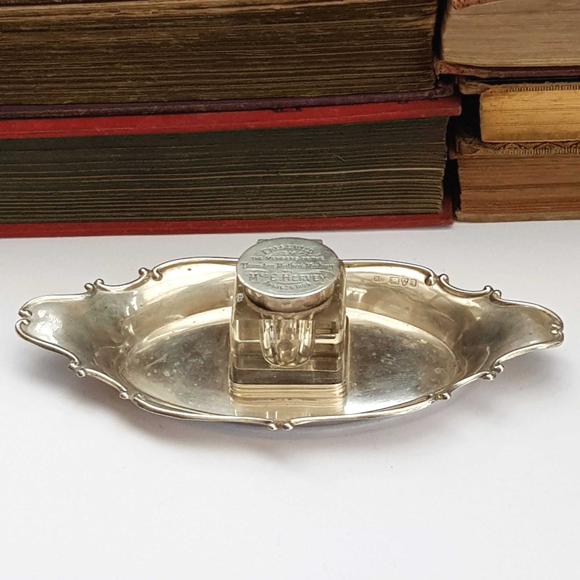 Sterling Silver Ink Stand With Ink Well Legend Engraved Antique Edwardian Chester Circa 1905