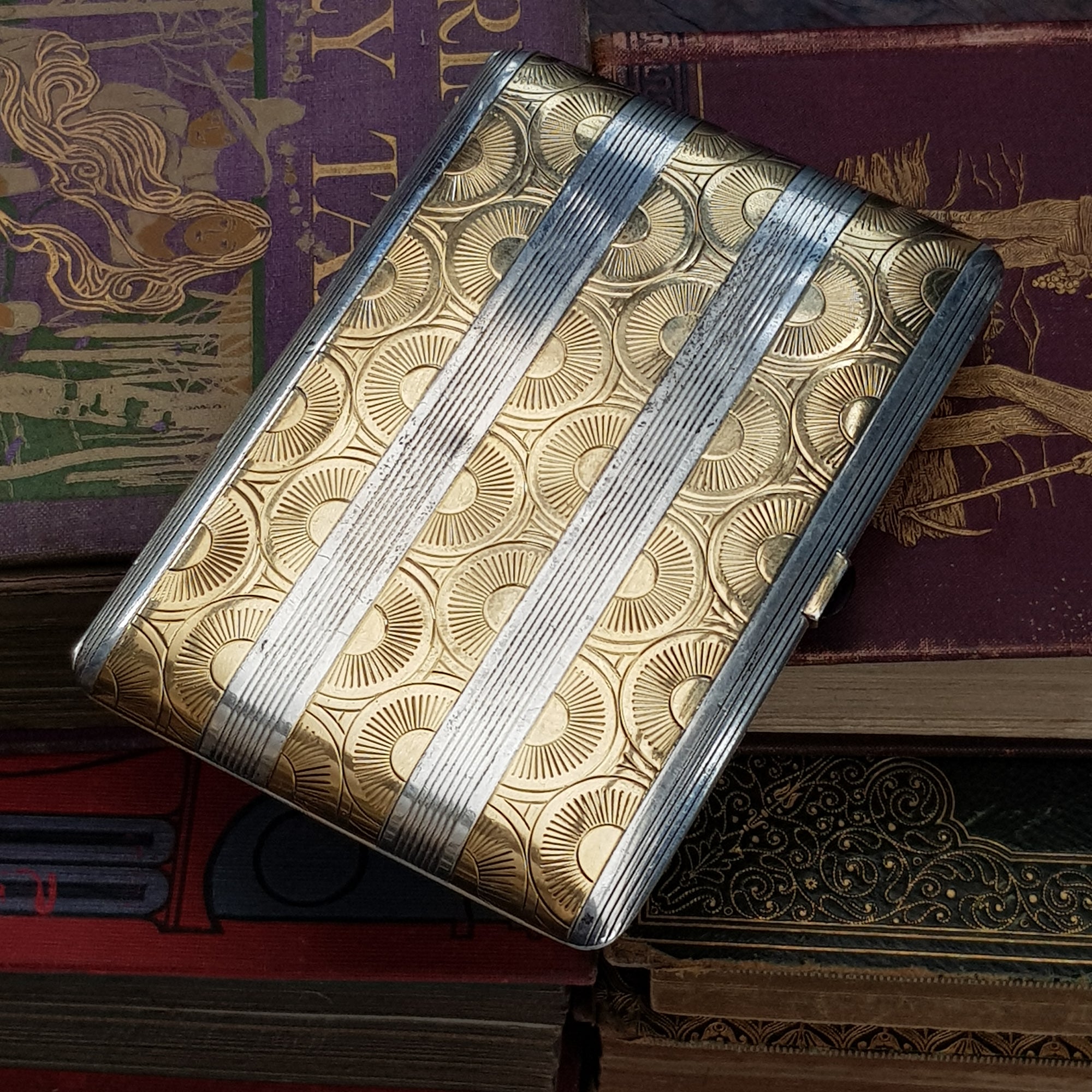 French Sterling Silver 18k Gold Adorned Cigarette Case Art Deco Vintage London Import Circa 1926