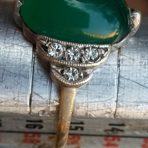 9k Gold And Silver Jade Cabochon And Diamond Ring Size UK O 1/2 Vintage Circa 1930's