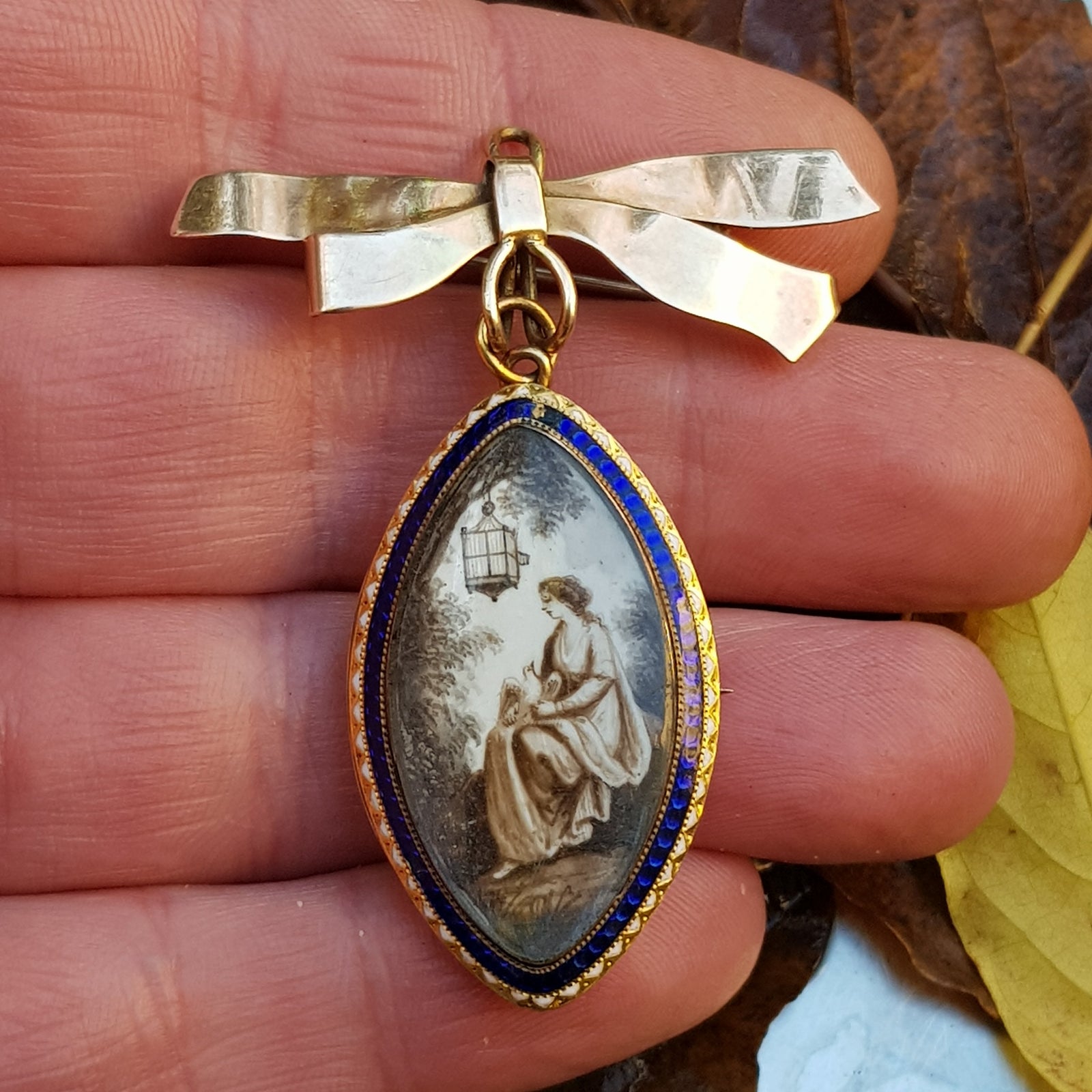 15k Gold Enamel Hand Painted Enamel Mourning Brooch Pendant With Later Lovers Knot Clasp Antique Georgian Circa 1770