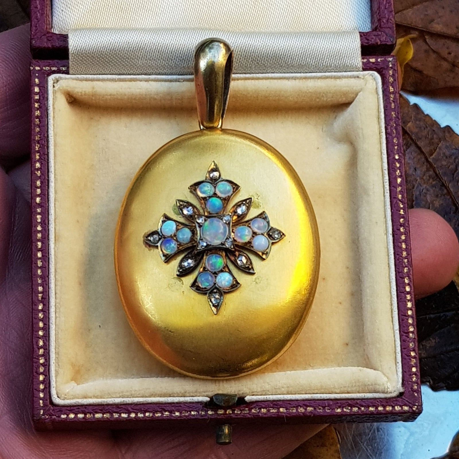15k Gold Keepsake Locket With Opal cabochon And Old Cut Diamond Cross Mount Antique Gothic Victorian Circa 1870
