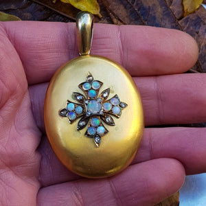 15k Gold Keepsake Locket With Opal cabochon And Old Cut Diamond Cross Mount Antique Gothic Victorian Circa 1870
