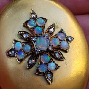 15k Gold Keepsake Locket With Opal cabochon And Old Cut Diamond Cross Mount Antique Gothic Victorian Circa 1870