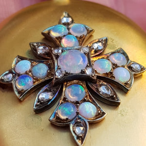 15k Gold Keepsake Locket With Opal cabochon And Old Cut Diamond Cross Mount Antique Gothic Victorian Circa 1870