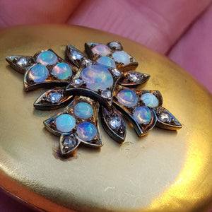 15k Gold Keepsake Locket With Opal cabochon And Old Cut Diamond Cross Mount Antique Gothic Victorian Circa 1870