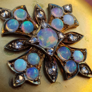 15k Gold Keepsake Locket With Opal cabochon And Old Cut Diamond Cross Mount Antique Gothic Victorian Circa 1870