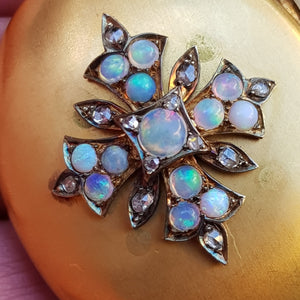15k Gold Keepsake Locket With Opal cabochon And Old Cut Diamond Cross Mount Antique Gothic Victorian Circa 1870