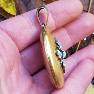 15k Gold Keepsake Locket With Opal cabochon And Old Cut Diamond Cross Mount Antique Gothic Victorian Circa 1870