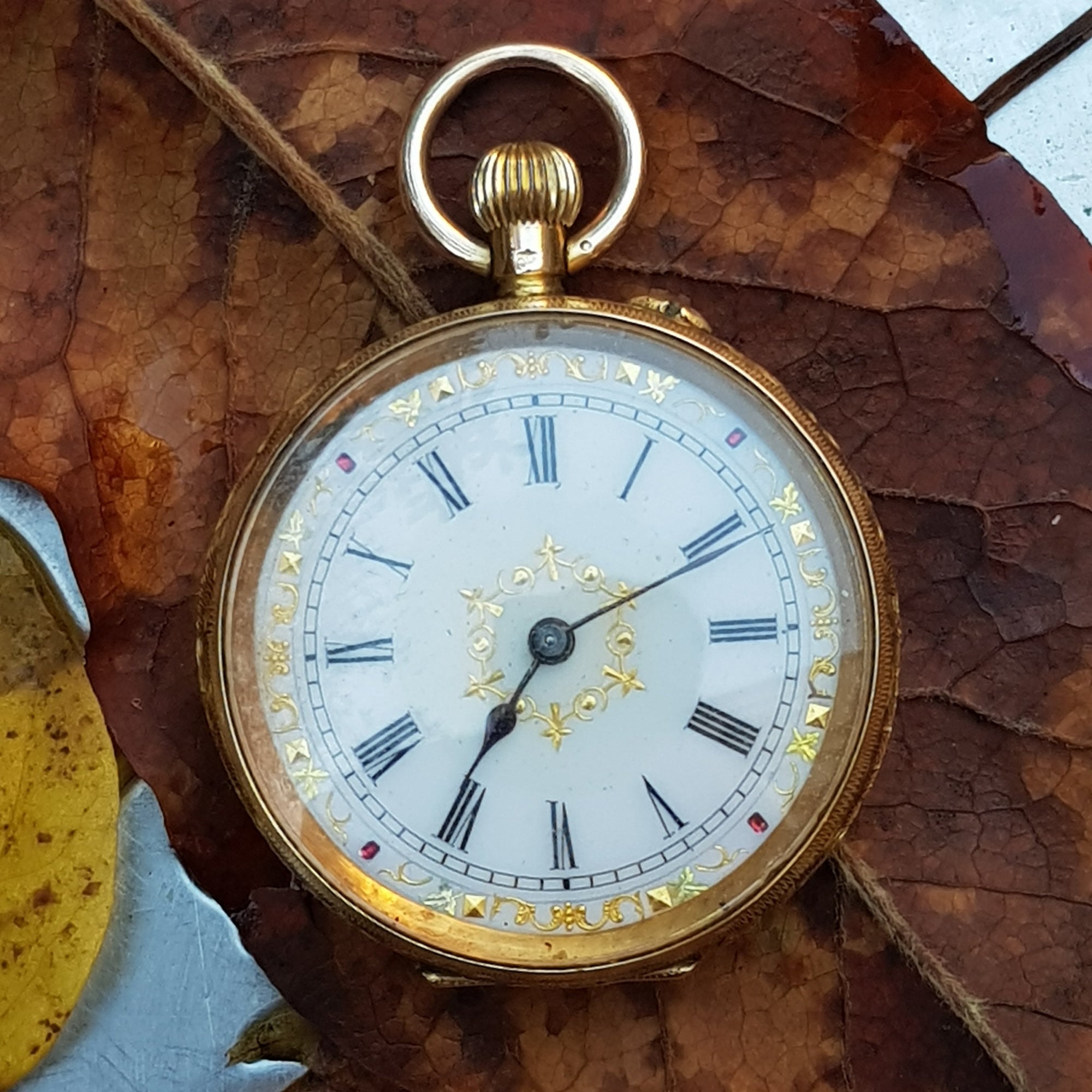 Swiss 14k Gold Cased Ladies Floral Detailed Top Winding Fob Watch Antique Victorian Circa 1890's