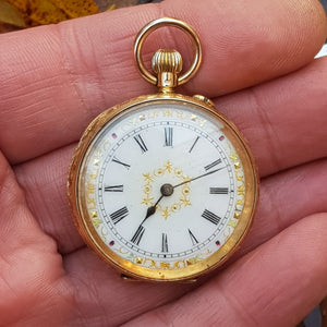 Swiss 14k Gold Cased Ladies Floral Detailed Top Winding Fob Watch Antique Victorian Circa 1890's
