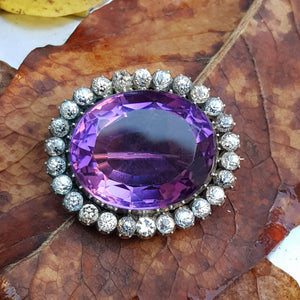 Large Amethyst And Diamond Paste Set Platinum Brooch Antique Victorian Circa 1880