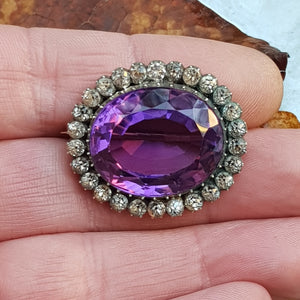Large Amethyst And Diamond Paste Set Platinum Brooch Antique Victorian Circa 1880