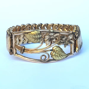 10k Rolled Gold Pierced Floral Panel Concertina Bracelet Antique American Circa 1920's