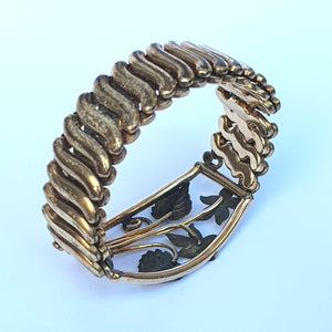10k Rolled Gold Pierced Floral Panel Concertina Bracelet Antique American Circa 1920's