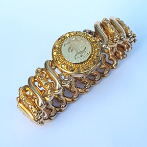 10k Rolled Yellow Gold Locket Bracelet With Concertina Shank Antique American Circa 1920's