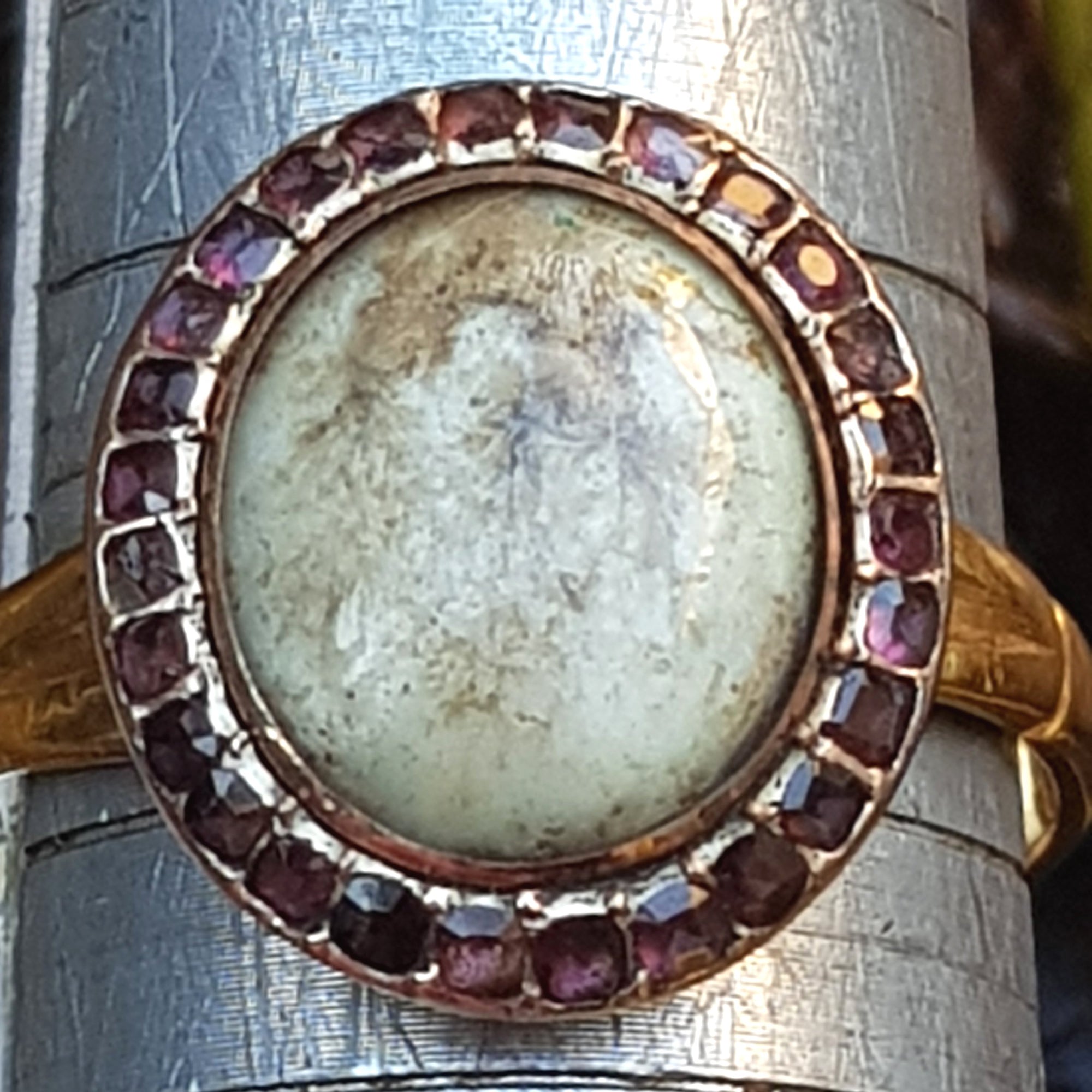 22k Gold Moss Agate Cabochon Almandine Garnet Ring Size UK O 1/2 Antique London Circa 1904