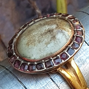 22k Gold Moss Agate Cabochon Almandine Garnet Ring Size UK O 1/2 Antique London Circa 1904
