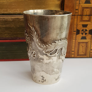 Rare Hong Kong Solid Silver Dragon Adorned Dinking Cup Wang Hing Antique Circa 1900