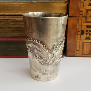 Rare Hong Kong Solid Silver Dragon Adorned Dinking Cup Wang Hing Antique Circa 1900