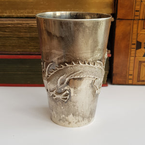 Rare Hong Kong Solid Silver Dragon Adorned Dinking Cup Wang Hing Antique Circa 1900