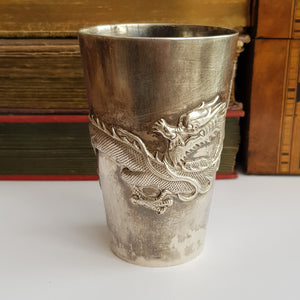 Rare Hong Kong Solid Silver Dragon Adorned Dinking Cup Wang Hing Antique Circa 1900