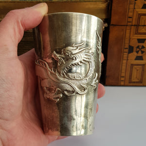 Rare Hong Kong Solid Silver Dragon Adorned Dinking Cup Wang Hing Antique Circa 1900