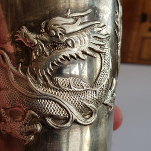 Rare Hong Kong Solid Silver Dragon Adorned Dinking Cup Wang Hing Antique Circa 1900