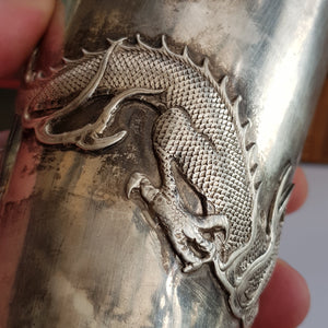 Rare Hong Kong Solid Silver Dragon Adorned Dinking Cup Wang Hing Antique Circa 1900