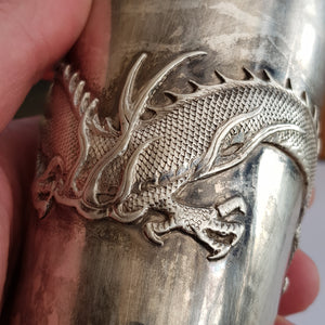 Rare Hong Kong Solid Silver Dragon Adorned Dinking Cup Wang Hing Antique Circa 1900