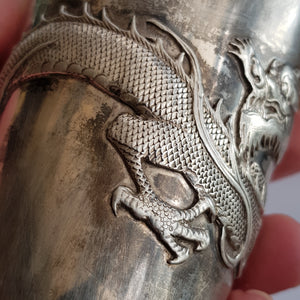 Rare Hong Kong Solid Silver Dragon Adorned Dinking Cup Wang Hing Antique Circa 1900