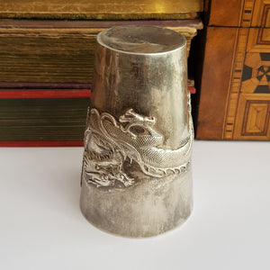 Rare Hong Kong Solid Silver Dragon Adorned Dinking Cup Wang Hing Antique Circa 1900