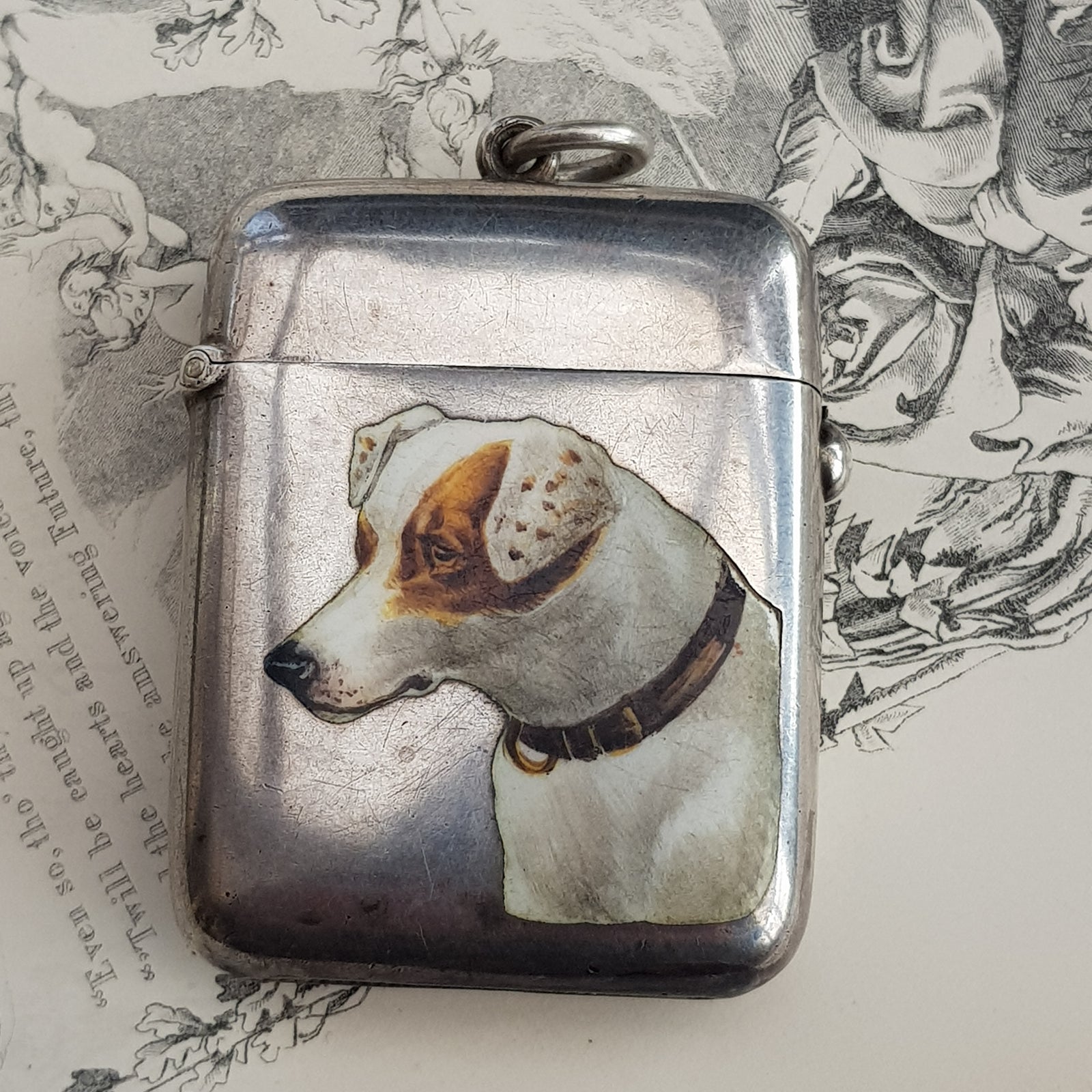 Rare Sterling Silver Hand Painted Enamel Jack Russell Dog Fob Vesta Match Case Birmingham Circa 1887