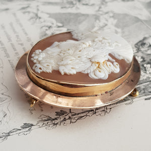 9k Rose Gold Mounted Carved Shell Camo Brooch As Dionysus Antique Edwardian c1910