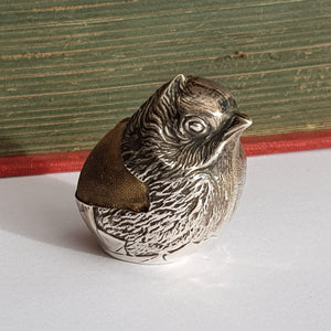 Sterling Silver Novelty Pin Cushion As A Chick Bird In Egg Shell Sampson Mordan Antique circa 1907