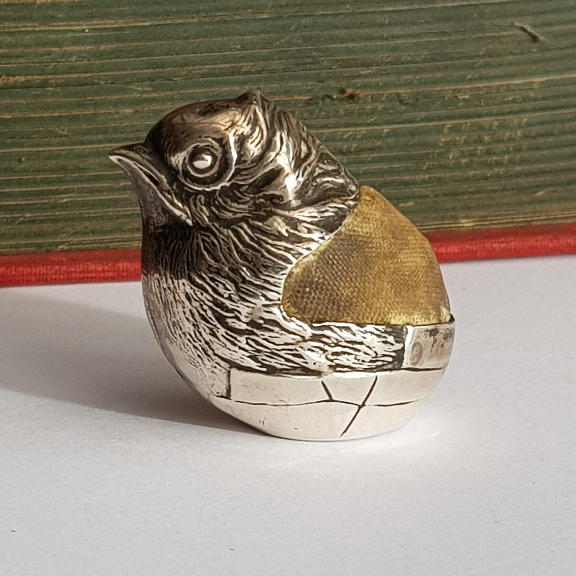 Sterling Silver Novelty Pin Cushion As A Chick Bird In Egg Shell Sampson Mordan Antique circa 1907