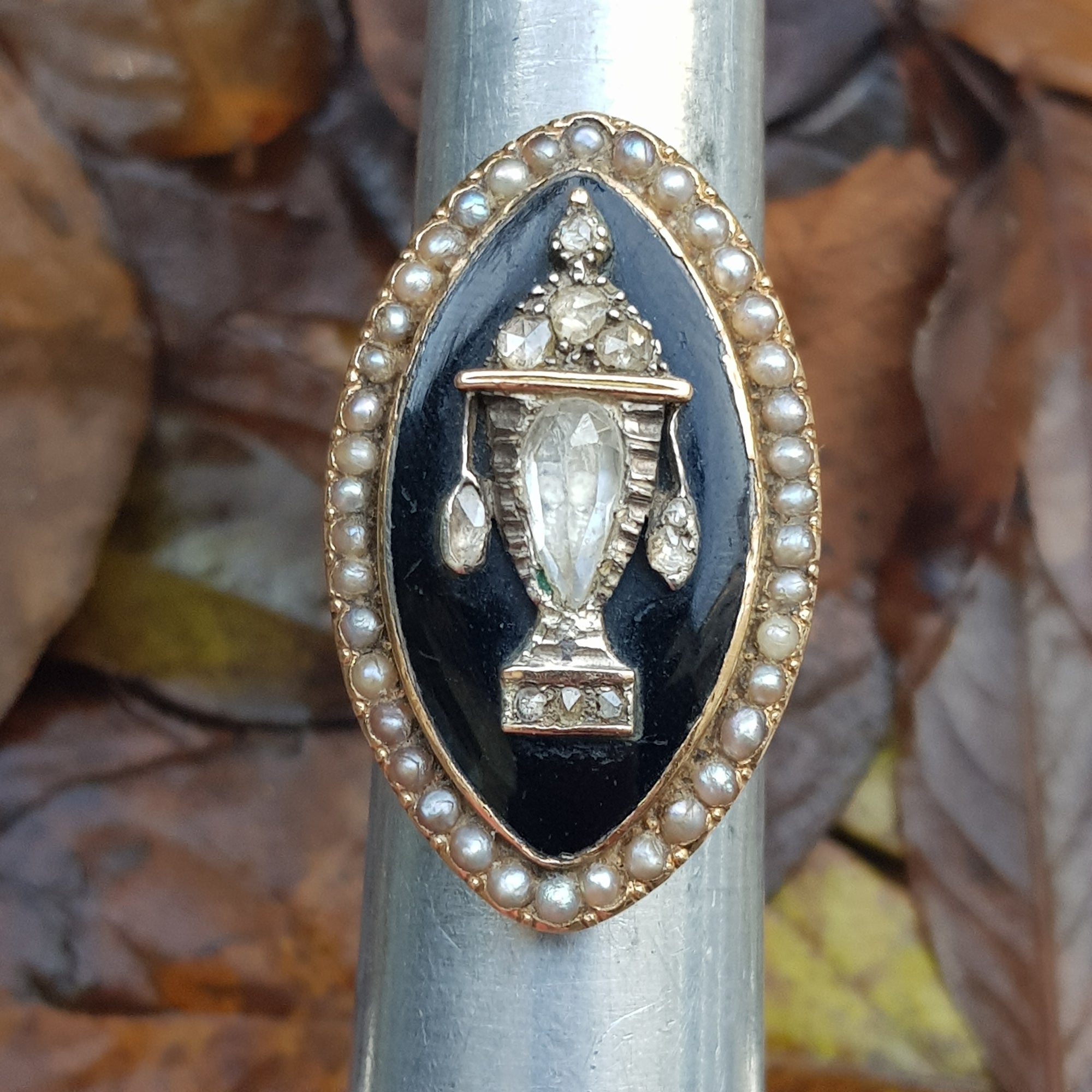 15k Gold Enamel Seed Pearl And Old Cut Diamond Large Setting Mourning Ring Size UK N 1/2 Antique Georgian Circa 1820